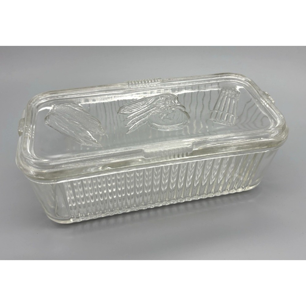 Vintage Federal clear glass refrigerator storage dish embossed vegetables on lid